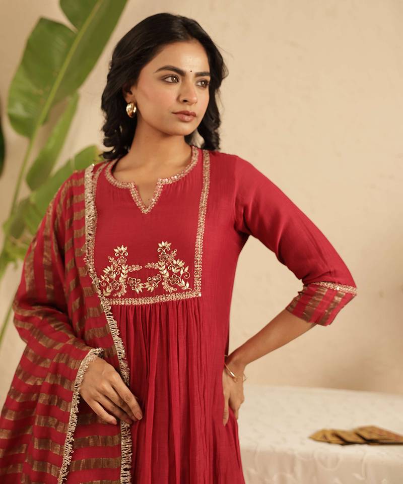 Maroon hand woven chanderi kurta set