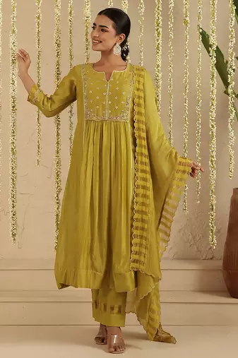 Mehendi green hand woven chanderi kurta set