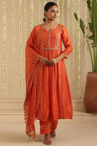 Orange hand woven chanderi kurta set