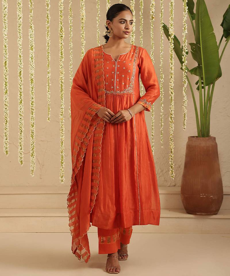 Orange hand woven chanderi kurta set