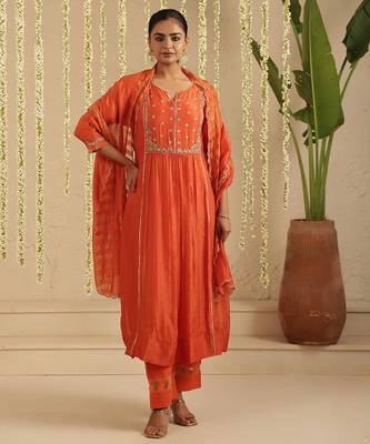 Orange hand woven chanderi kurta set 2