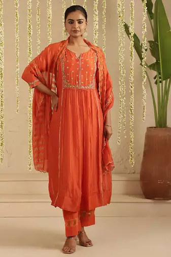 Orange hand woven chanderi kurta set