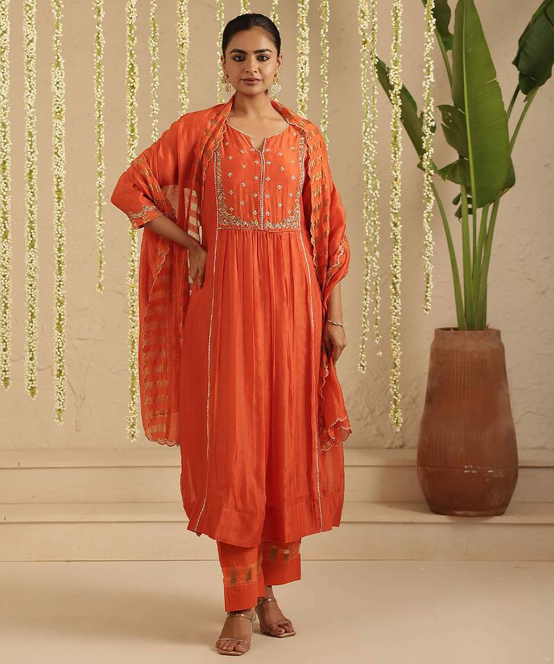 Orange hand woven chanderi kurta set