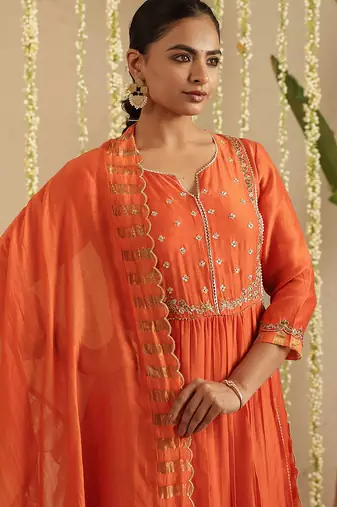 Orange hand woven chanderi kurta set