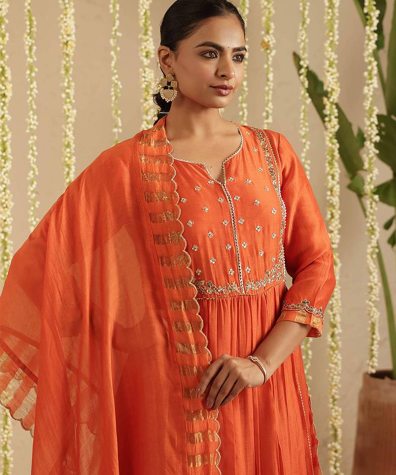 Orange hand woven chanderi kurta set