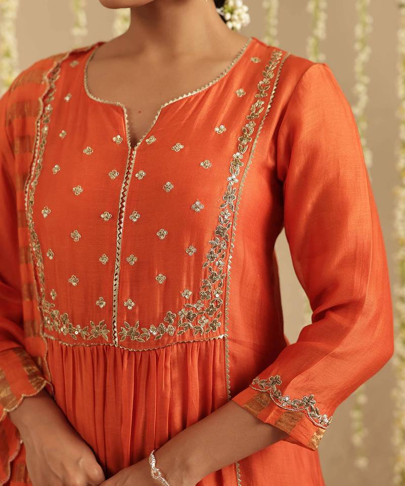 Orange hand woven chanderi kurta set