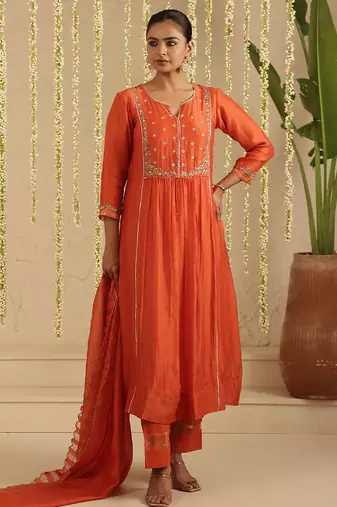 Orange hand woven chanderi kurta set