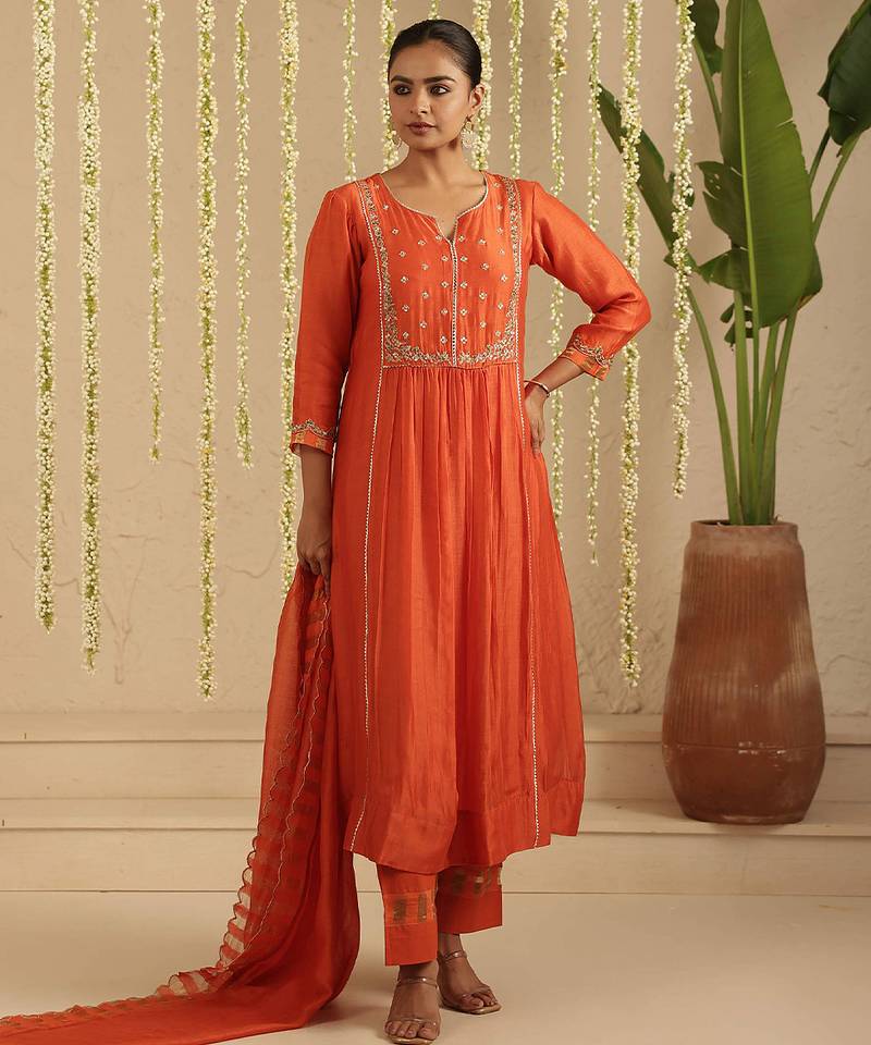 Orange hand woven chanderi kurta set