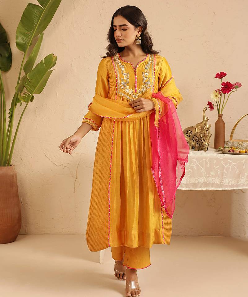 Mustard hand woven chanderi kurta set