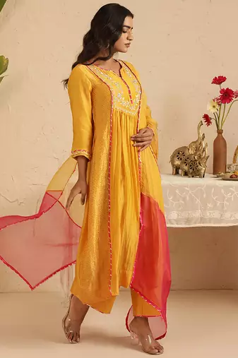 Mustard hand woven chanderi kurta set
