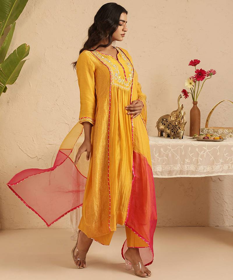 Mustard hand woven chanderi kurta set