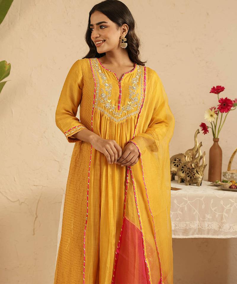 Mustard hand woven chanderi kurta set