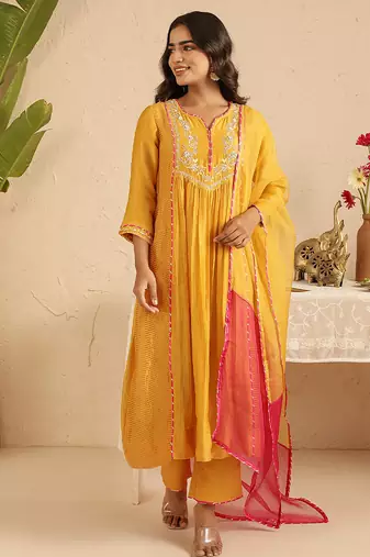 Mustard hand woven chanderi kurta set