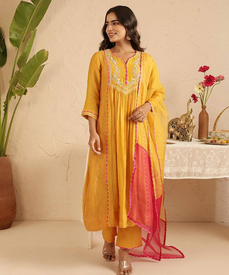 Mustard hand woven chanderi kurta set