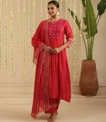 Red hand woven chanderi kurta set