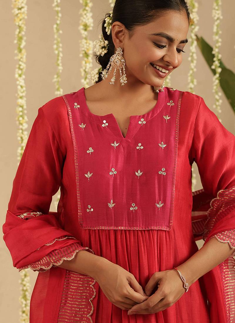 Red hand woven chanderi kurta set