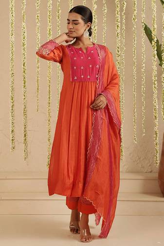 Orange hand woven chanderi kurta set