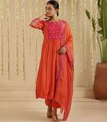 Orange hand woven chanderi kurta set