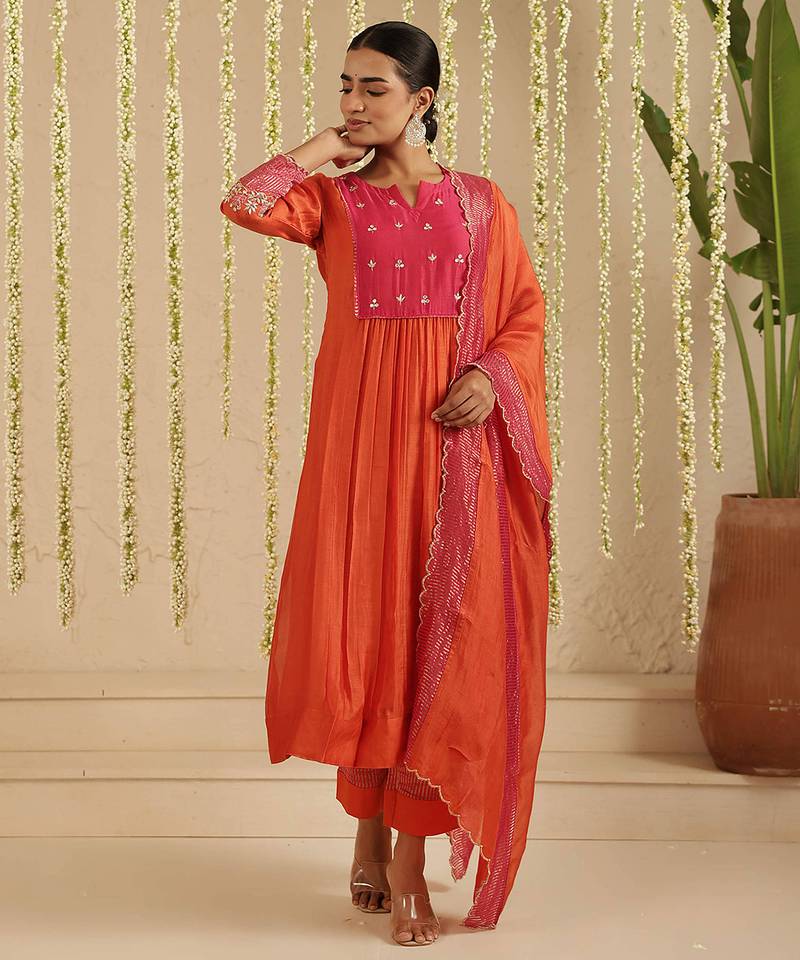 Orange hand woven chanderi kurta set