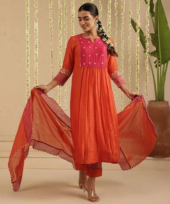Orange hand woven chanderi kurta set 2