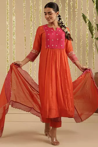 Orange hand woven chanderi kurta set