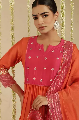 Orange hand woven chanderi kurta set