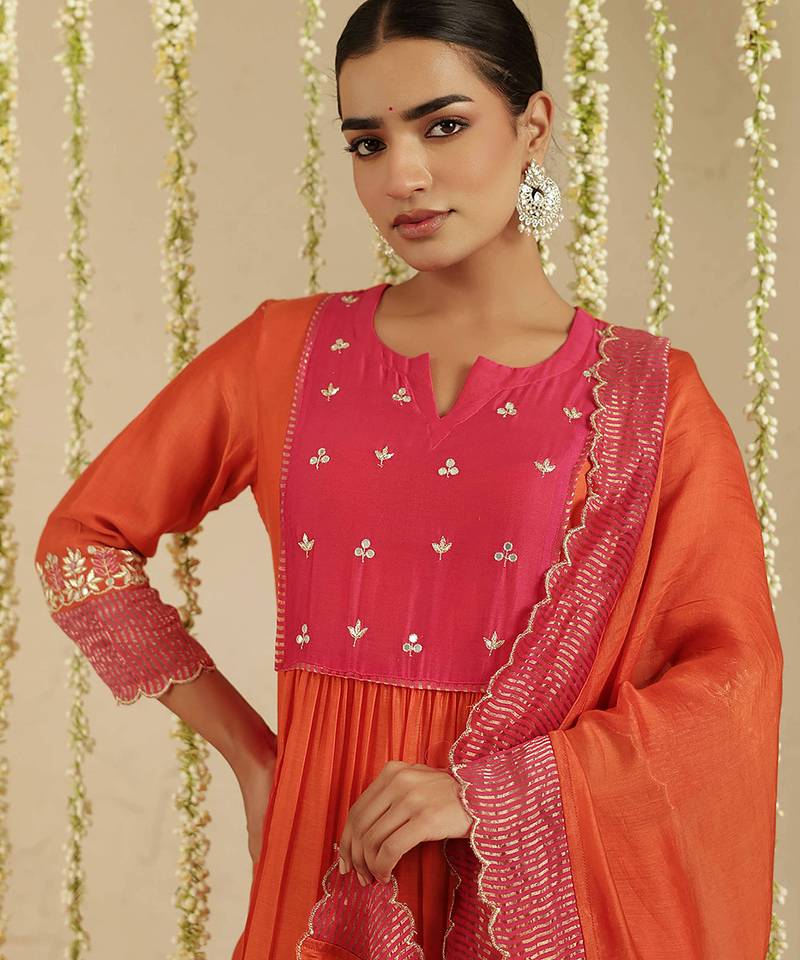 Orange hand woven chanderi kurta set