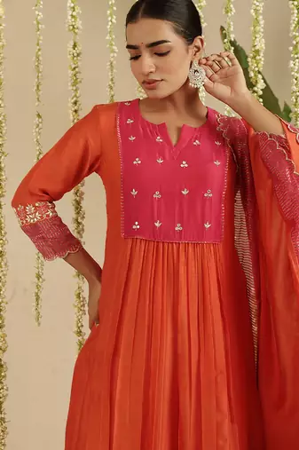 Orange hand woven chanderi kurta set