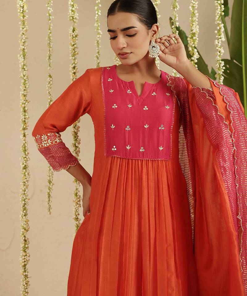 Orange hand woven chanderi kurta set