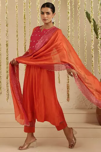 Orange hand woven chanderi kurta set