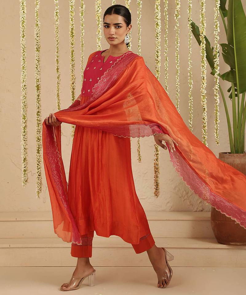 Orange hand woven chanderi kurta set