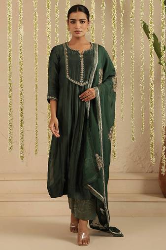 Green hand woven chanderi kurta set