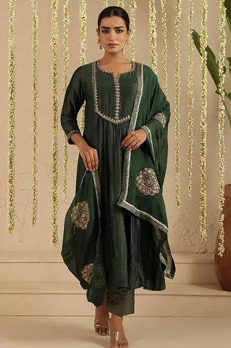 Green hand woven chanderi kurta set