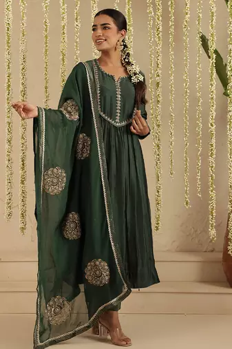Green hand woven chanderi kurta set