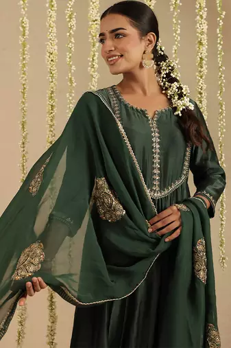 Green hand woven chanderi kurta set