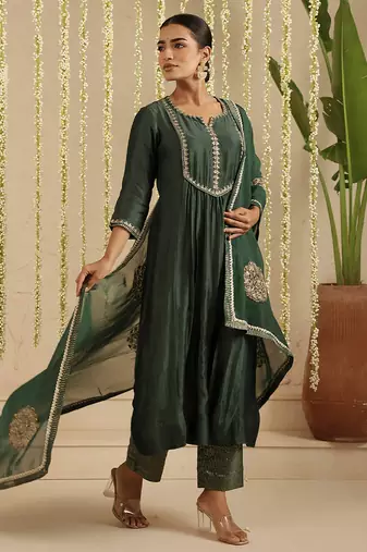 Green hand woven chanderi kurta set