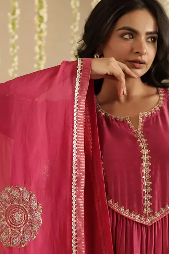 Magenta hand woven chanderi kurta set
