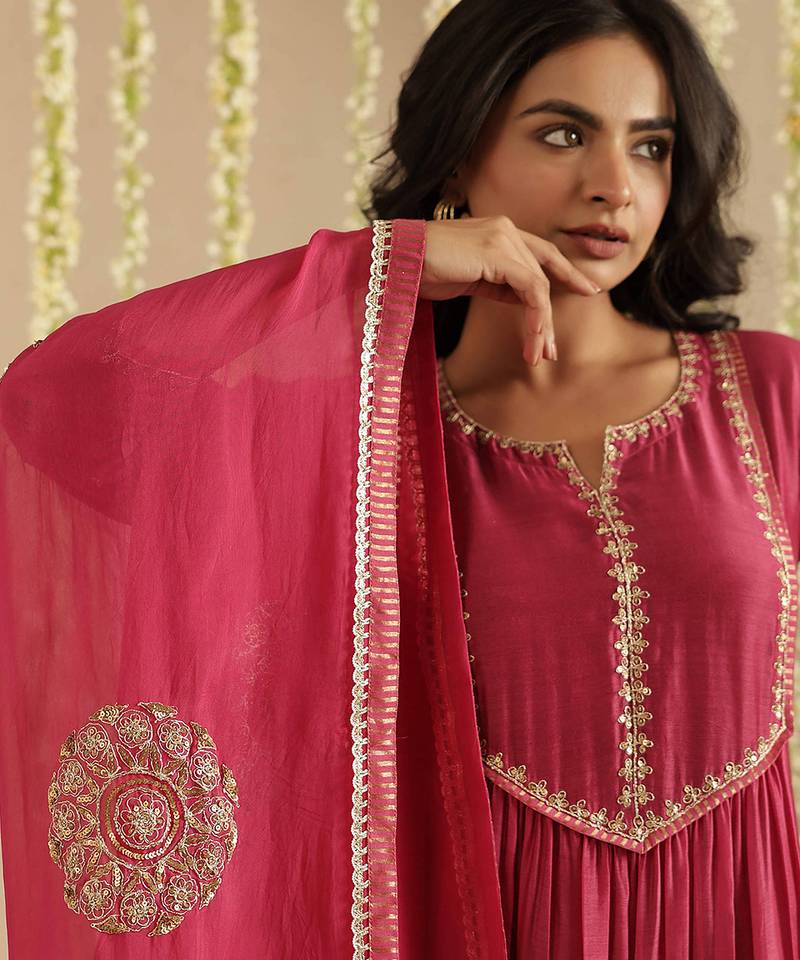 Magenta hand woven chanderi kurta set