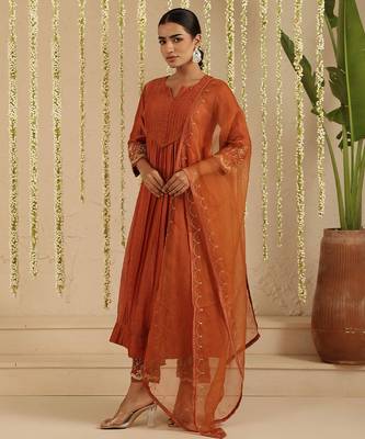 Rust hand woven chanderi kurta set 1