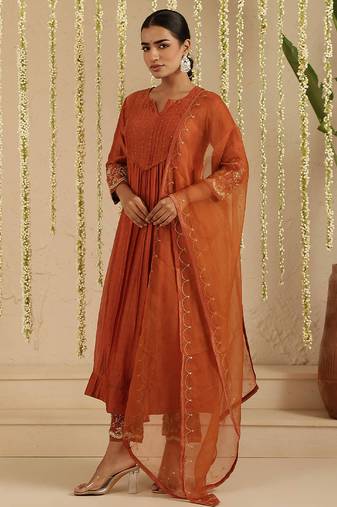Rust hand woven chanderi kurta set