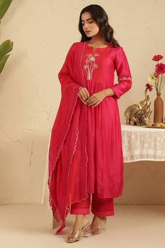 Hot pink hand woven chanderi kurta set