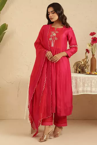 Hot pink hand woven chanderi kurta set