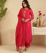 Hot pink hand woven chanderi kurta set