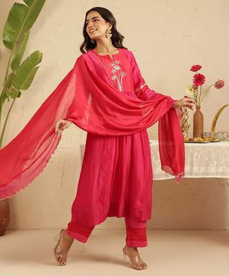 Hot pink hand woven chanderi kurta set 2