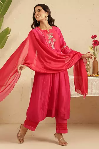 Hot pink hand woven chanderi kurta set