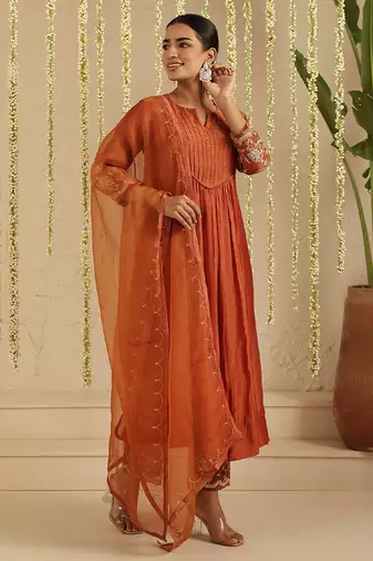 Rust hand woven chanderi kurta set