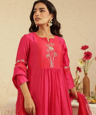 Hot pink hand woven chanderi kurta set 3