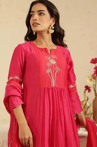 Hot pink hand woven chanderi kurta set