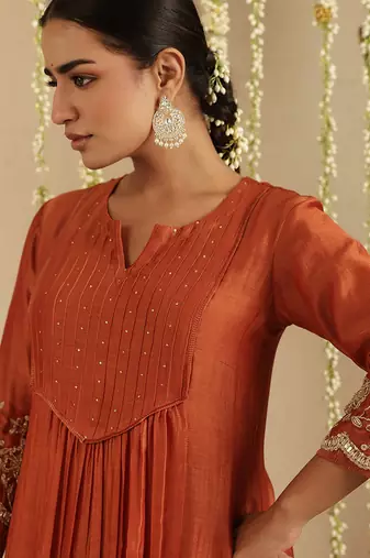 Rust hand woven chanderi kurta set