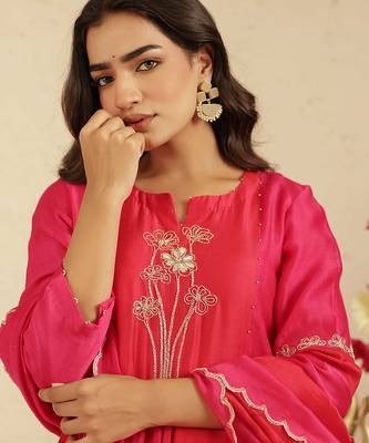 Hot pink hand woven chanderi kurta set 4